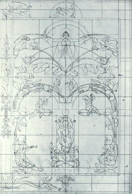 "Der Abend": Konstruktionszeichnung RUNGEs von 1803. (Nach http://12koerbe.de/phosphoros/runge.htm.) Bilder mit Hilfe geometrischer Kompositions-Raster spiegelsymmetrisch angelegt sind und dann mit leicht variiertem „Inhalt“ gefüllt.