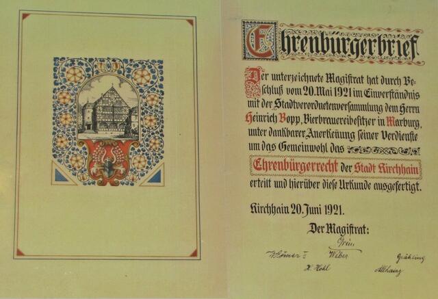 Ein Ehrenbürgerbrief aus dem Jahre 1921.