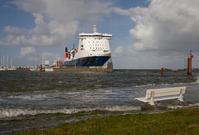Ark Forwarder im Hafen von Cuxhaven bei Hochwasser (wie man an der Bank erkennen kann )