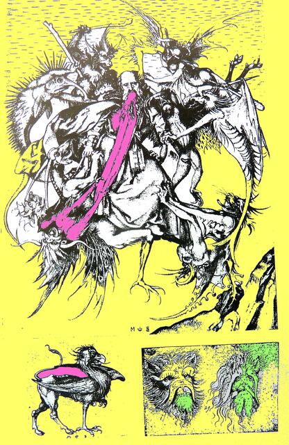 Martin Schongauers "Versuchung des hl. Antonius" bildet W.Hofmann in "P-S" ab (S. 36, Nr.18). Mein Bild aus meinem SB, Abb. 641 S. 260 (deutsche Ausg.). Rot Schongauers Fabeltiere/9 Monster, grün Leonardo-Figuren.