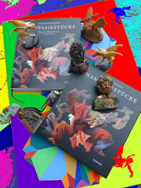 Hommage an Werner Hofmanns gelungenes Buch "Phantasiestücke", Installation mit Buch, Gemälde, Arcimboldo & ...Figuren. Wer kennt sie - die nach berühmter Malerei geformten Figuren? Bitte kommentieren ...