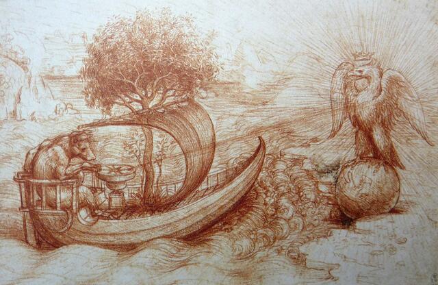 LEONARDO-„Allegorie“ von „um 1495“: Ein „Phantasiestück“ mit einer Seefahrt: Exakt zeichnet Leonardo das sich verzweigende Astwerk in besonders herausgestellten Ast-Bifurkationen (Symmetrien) (…); mehr im Artikel.