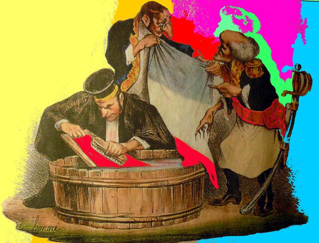 "Die Weißwäscher": a&s-mutiert. Hommage an Honoré Daumiers "JUSTIZ-art" ... Mehr dazu im Text des Artikels.