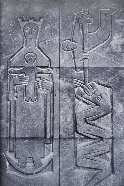 Schieferrelief: Der Kampf der Weltanschauungen, in den die christliche Kirche in der Welt gestellt ist.