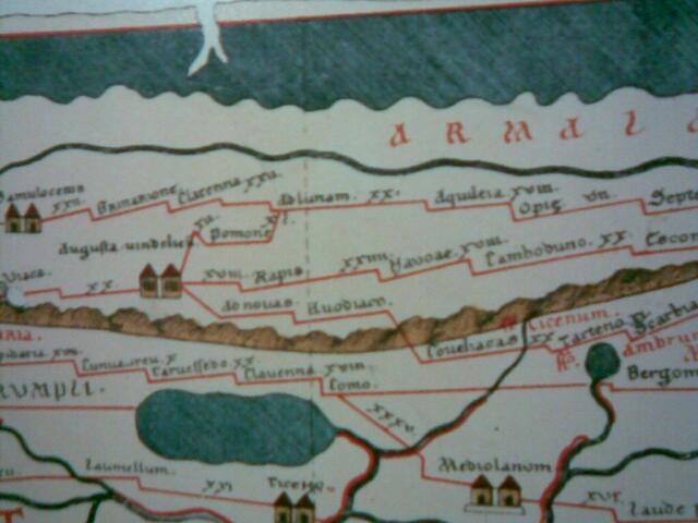 Kartenausschnitt "Tabula Peutingeriana" Römische Strassenkarte mit Abschnitt Raetien