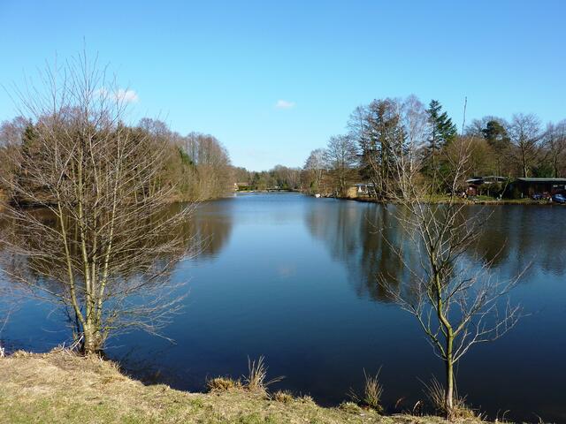 "Fluss"armverzweigung. Im Hintergrund geht der Blick auf eine Brücke.