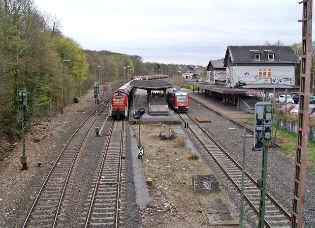 Gesamtübersicht mit zufällig zwei Zügen an dem Bahnsteig und vom wild wachsenden Büschen befreiten Gleisen (folgendes Bild)
