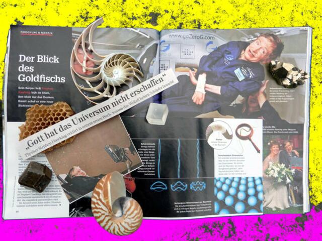 NICHT-außerirdisch: Installation mit dpa, FOCUS und Stephen Hawkings symbolischer Lieblings-Spirale. a&s - September 2010. Mal wieder googeln: http://www.giessener-zeitung.de/giessen/beitrag/37888/schoepfung-ohne-evolutions-theorie-etoe-weltformelq/ ...
