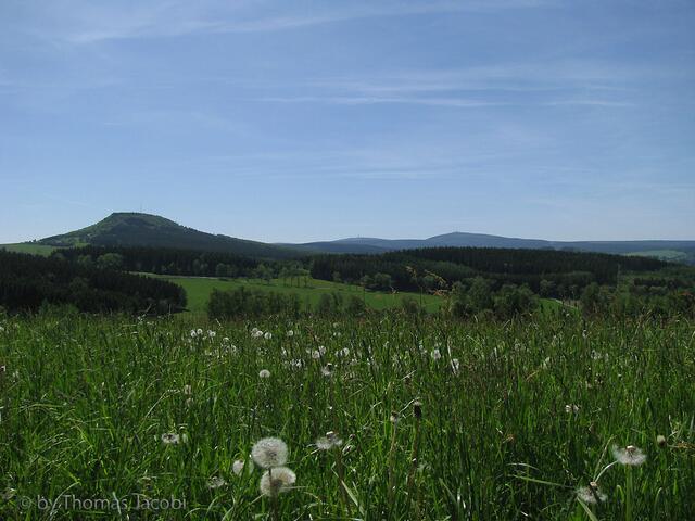 Blick über weite Wiesen zum Bärenstein, Keilberg und Fichtelberg.