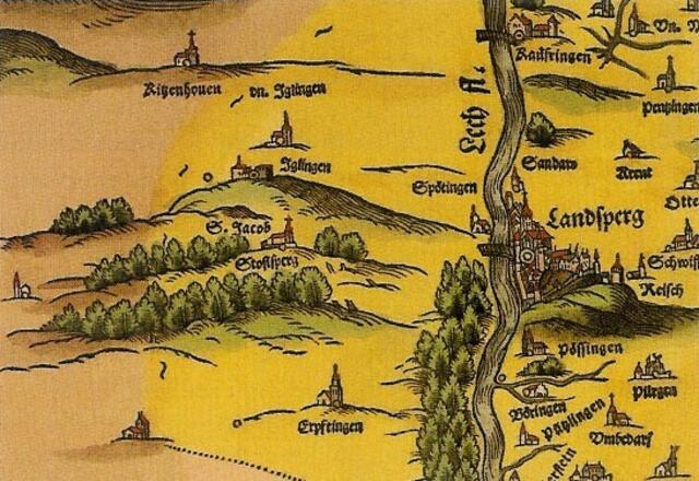 Historischer Stich Lechrain(16.Jh)  Gegend westlich des Lechs mit Landsberg/Igling Ausschnitt aus der Aipan-Karte, 1568