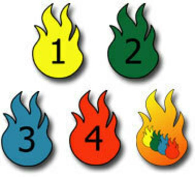 Die vier Stufen der Kinderfeuerwehrflämchen und die Kinderflamme der Jugendfeuerwehr Region Hannover. Den Ansteckpin der ersten Stufe haben die Prüflinge aus Ingeln-Oesselse nun erhalten.
