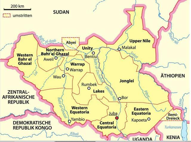Die politische Karte mit Provinzen und der Hauptstadt Juba