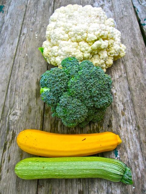 Heute musste ich dringend ernten - hier eine kleine Auswahl davon: grüne Zucchini, gelbe Zucchini, Brokkoli und Blumenkohl - Weißkohl, Kohlrabi und Porree sind schon in der Küche