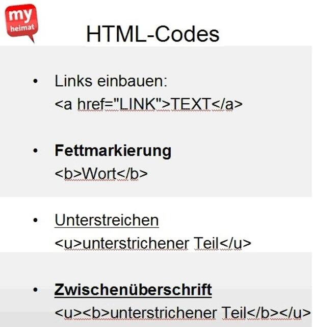 Nützliche HTML-Codes, um myheimat-Beiträge leserfreundlich zu formatieren.