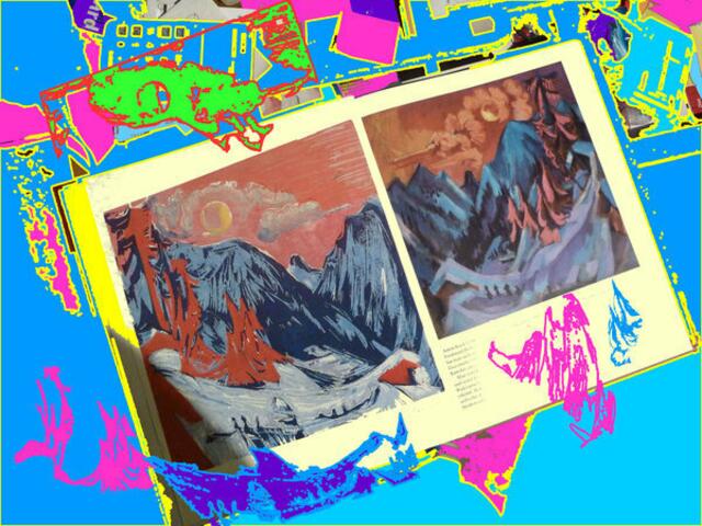 Monduntergang als „stimmungsvollstes und ausdrucksstärkstes“ Davoser Landschaftsbild. Links der berühmte FARBHOLZSCHNITT, rechts das VORHER gemalte Quadrat-Bild. Mehr dazu im Exkurs weiter unten. a&s-p-malerei 3/8/11 wh.