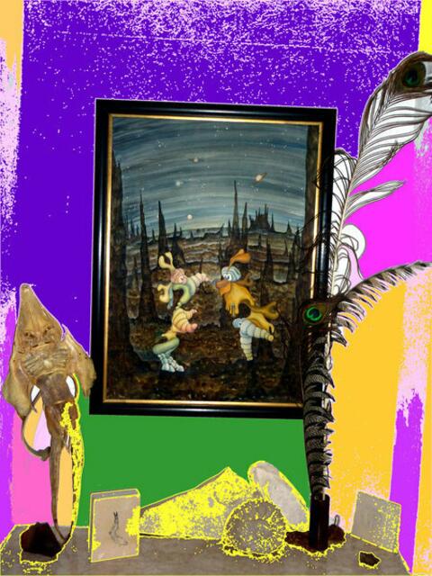 Installation mit Federn, Fossilien etc. und GEMÄLDE von Thomas BEECHT: ars evolutoria als "Neo-Barock/Neo-Manierismus". Siehe wh SB Abb. 629 mit Legende und Abb. 627/628: Gestaltmodifikationen BEECHT & DÜRER (Ableitungen). a&s-p-malerei wh.