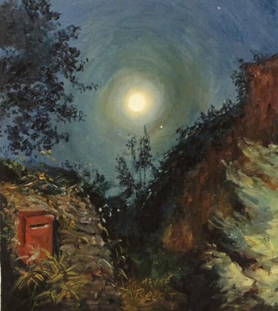 Vollmond-Nacht in Südfrankreich - gemalt von Thomas BEECHT bei Mondschein, was nicht einfach ist; 17.8.1997 - 40x45 cm.