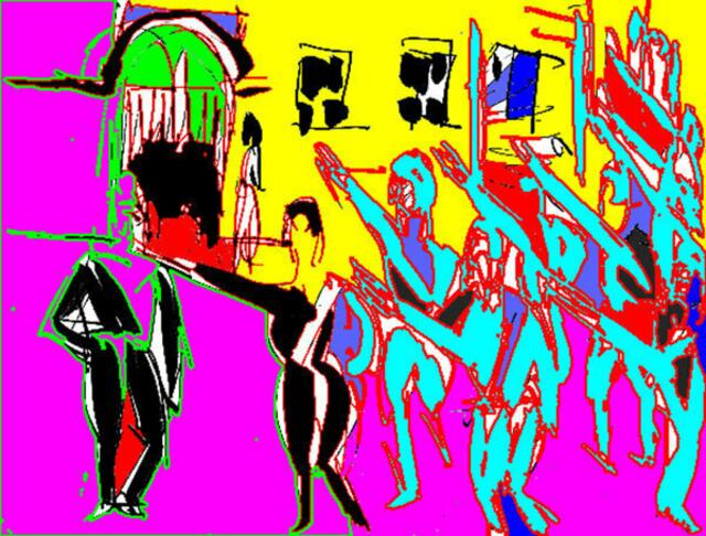 Die F.A.S. berichtete über ein Skizzenbuch-Bild (undatiert) des EX-Expressionisten E.L. KIRCHNER, das einen Vorbeimarsch mit Hitlergrüßen (an einen NAZI-Funktionär) darstellt. Im "neuen Stil" wurde die sw-Zeichnung von mir coloriert. (8/5/10)