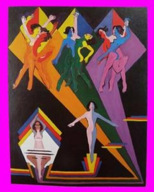 1932/37er Gemälde „Tanzende Mädchen in farbigen Strahlen“ (Kirchner Museum Davos). E.L.K. hat seine „Farbenlehre“ in farbflächenhafter Gestaltung visualisiert dargestellt. Der Maler-Architekt Kirchner vereint alles Farben-Getrennte symbolisch.