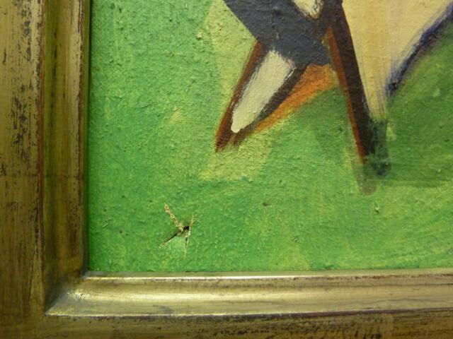 Nahaufnahme des geschlitzten "K": Streitpunkt: Wer hat das Loch wann in die Leinwand gebracht. Kurator Dr. Felix KRÄMER antwortet; siehe Telephonat - Dokumentation. LINK Kommentar!