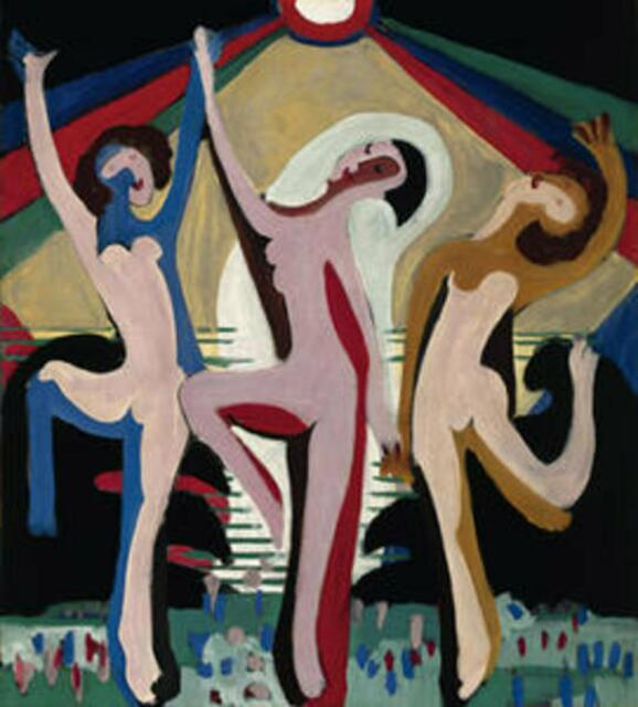 FARBEN-TANZ: farbige Strahlen sendet die Sonne, rot blau gelb auf die tanzenden Frauen und Blumenwiesen, sagte E.L.K.