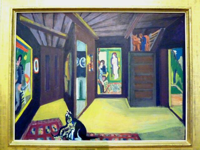 KIRCHNERs "Bergatelier" von 1937. Mit Katze im Vordergrund. Die Katze Bobby, die auf vielen Bildern Kirchners dargestellt ist, stirbt zwölfjährig schon 1930! Ein Denkmal-Bild?