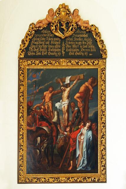 Das aufwändige Epitaph erinnert an die 1694 und 1721 verstorbenen Angehörigen der Familie Robertz.
