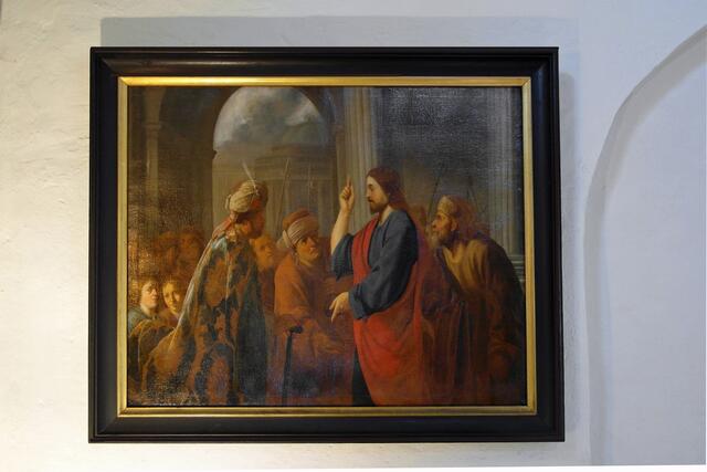 Das Bild bezieht sich auf eine biblische Darstellung, die Jesus bei seiner Lehre im Tempel erwähnt.