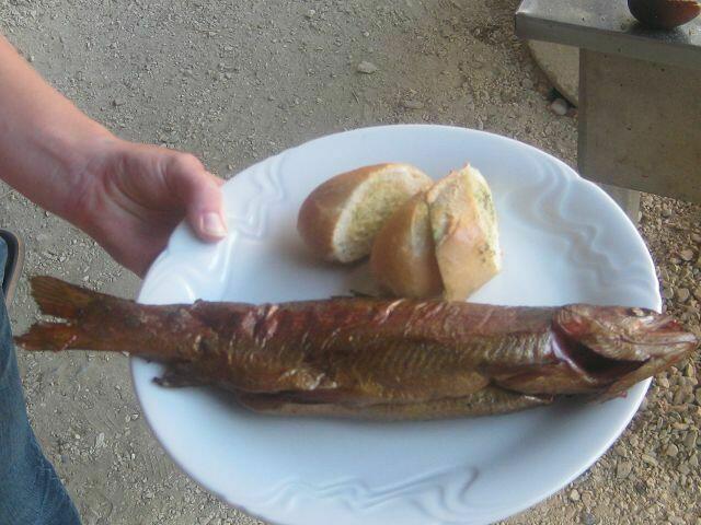 Geräucherte Forelle mit Knoblauchbaguette
