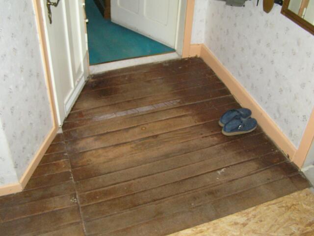 Flur 2008, alte Dielen, rosa Fußleisten, graue Türen