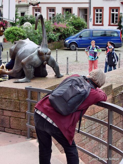 Sommerbilder 2011 (4) - Heidelberg. Der Brückenaffe (links oben) vor der Heidelberger Alten Brücke. Backshot