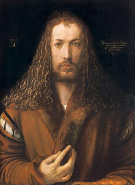 Kunst des Übergangs von der späten Gotik zur RENAISSANCE: Im Jahr 1500 malte A.D. das berühmte Frontal-Symmetrie-Bild „Selbstbildnis mit Pelzrock“ (alte Pinakothek München). 1488 das bekannte „Selbstbildnis mit Landschaft“ .
