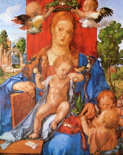 1506: Dürers "Jungfrau mit Girlitz" und Engeln sowie 2 Kindern.a&s-p-Archiv.
