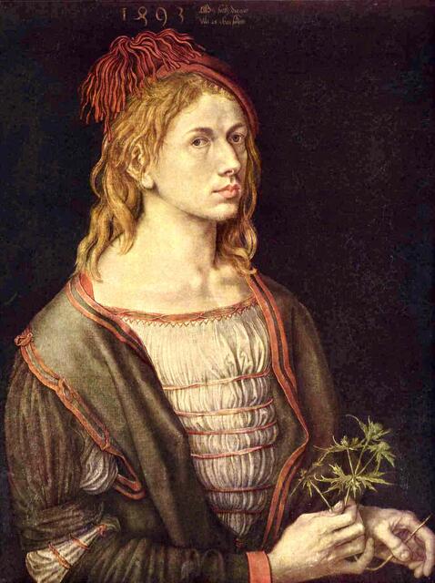 Albrecht DÜRER 1493: SELBST-Porträt des Maler-Forschers AD EINE DISTEL HALTEND. Vgl. mit P.O. RUNGEs Selbstporträt von 1802; erstaunliche Ähnlichkeiten ..