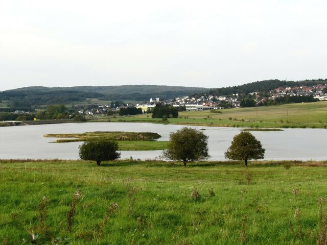 Der Blick zum Biotopsee mt seinen Inseln und nach Niederweidbach