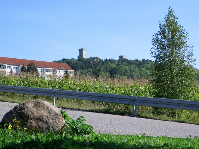 Blick vom "Schachtweg" zu den Gebäuden "Am Heideweg" und zur Eckartsburg.