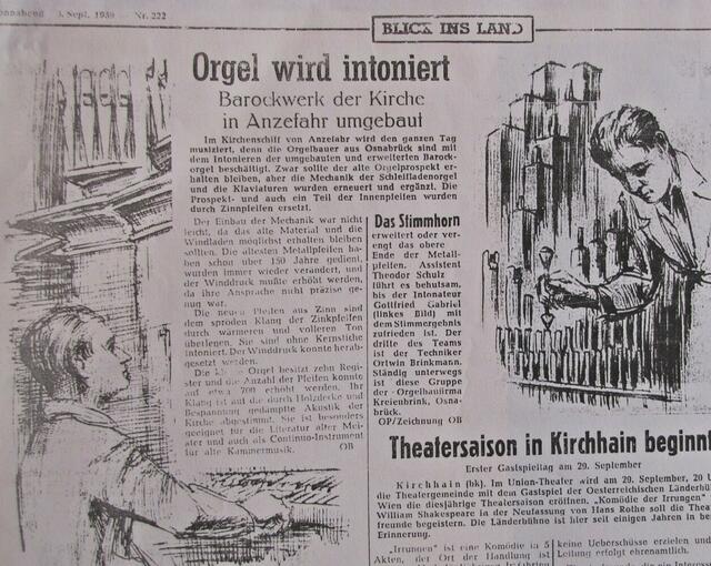 Zeitungsbericht der Oberhessischen Presse vom 3. September 1959 über die Veränderungen an der Orgel.