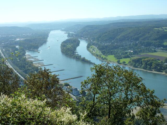 Man hat einen weiten Blick über den Rhein und die Landschaft.