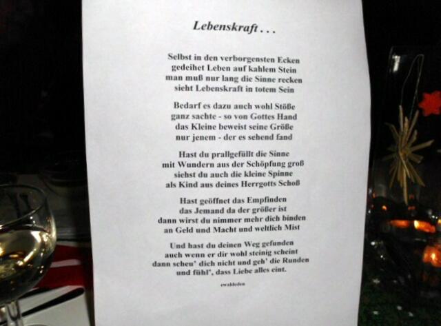 Geistesnahrung und Seelenfutter an der Burgtafel - hier als Gedicht "Lebenskraft" von Ewald Eden - gelesen von Kirsten Mauss
