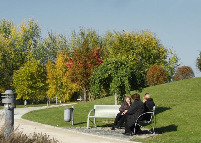 Mehrere Sitzbänke laden im Kurpark zu längerem Verweilen ein.