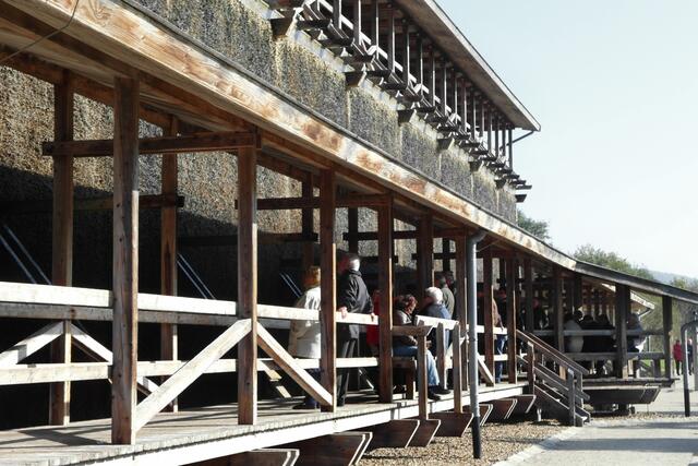 Tatsächlich, viele Kurgäste halten sich am Gradierwerk auf, wo 23-prozentige Sole aus 7 m Höhe über Schwarzdornbüschel herabläuft.