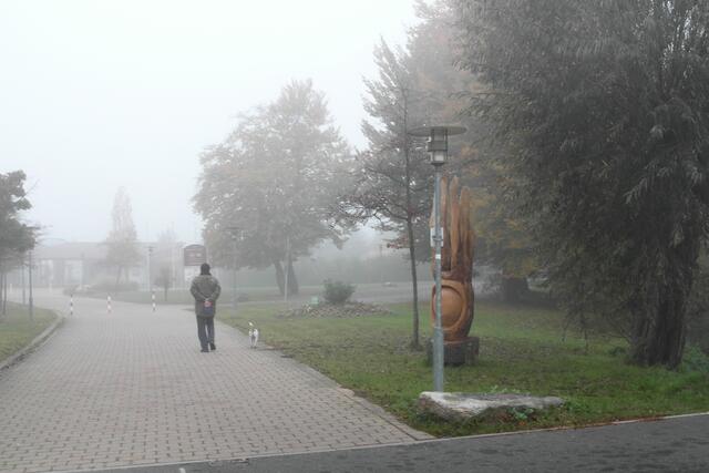 Vor dem Kurpark taucht aus dem Nebel ein Einwohner auf. Für einen Hundehalter, sagt er, ist es eine Selbstverständlichkeit, bei jeder Witterung Gassi zu gehen.