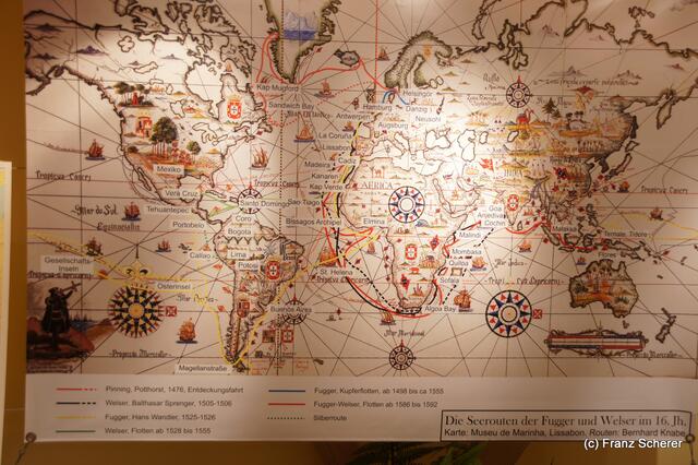 Das Mercateum in Königsbrunn. Auf dieser Karte sind die Seereisen der Fugger und Welser im 16. Jahrhundert zu sehen