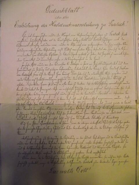 Kopie des Gedenkblattes zur Entstehung der Hochdruckwasserleitung zu Saaleck