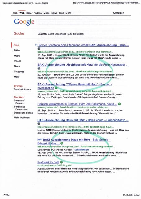 GOOGLE-Suche: "BAKI-Auszeichnung Haus mit Herz" am 24.11.2011, 07:32 Uhr
