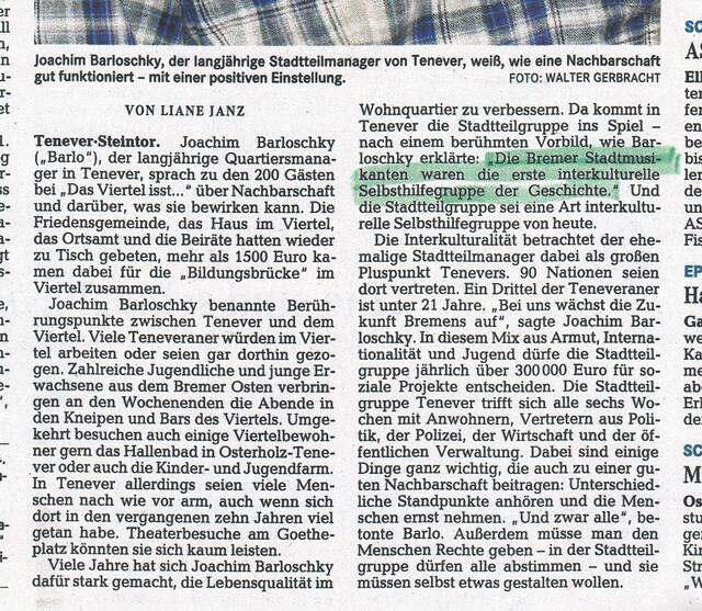 aus der Veröffentlichung "'Barlo' plaudert über Tenever" von Liane Janz im STADTTEIL-KURIER, Ausgabe Südost, der Bremer Tageszeitungen AG vom 24. November 2011, Seite 1 | Foto: Bremer Tageszeitungen AG