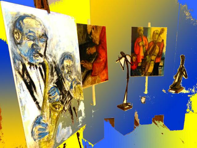 Auch HARRY HÄUSER Grünberg stellte im Foyer zur Jubiläums-Veranstaltung am 26.11.11 in der Gallushalle Werke aus; illuminiert von werner hahn.28-11-11.