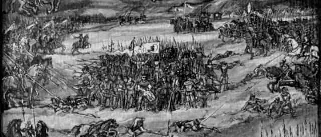 Votivtafel in der Kapelle: Die Einkesselung (Igelstellung) der Bauerntruppe durch den Landsberger Landspfleger - Feldherr Gregor von Egloffstein