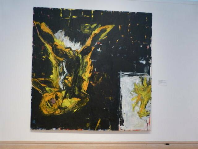 DEUTSCH-Staatskunst: Neben KIEFER der Staatskünstler Georg BASELITZ mit einem KOPFstandBild (Marotte): von 1982 - "Adler im Fenster". Zu GB & AK Artikeltext mehr.