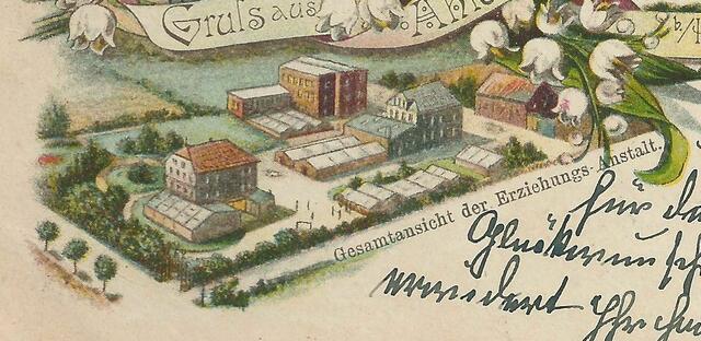 Gesamtansicht der im Jahr 1893 gegründeten Erziehungsanstalt. Ausschnitt einer Ansichtskarte, 1898